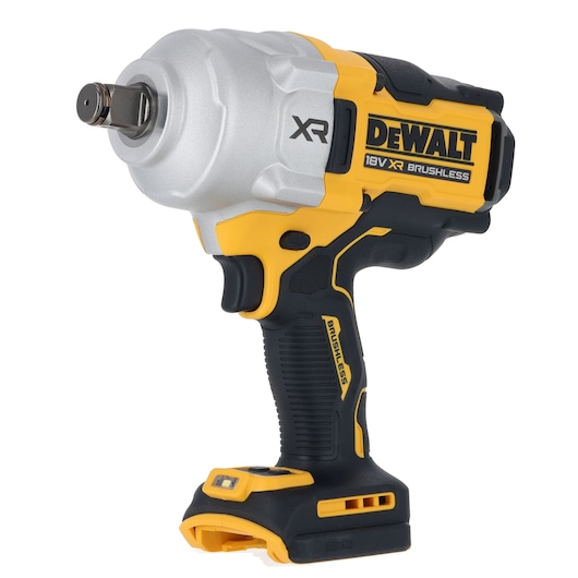 A DEWALT 18V XR Brushless cordless impact wrench, predominantly yellow and black, shown without the battery attached.