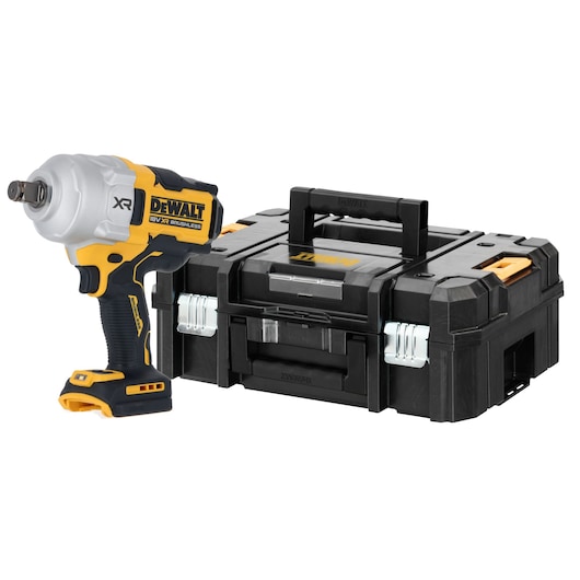 DEWALT cordless impact wrench with a sturdy black carrying case shown together on a white background.