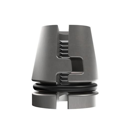 Close-up view of a metallic, industrial component with a conical shape, internal threads, and a black rubber gasket or O-ring around its middle. The component is photographed against a white background.