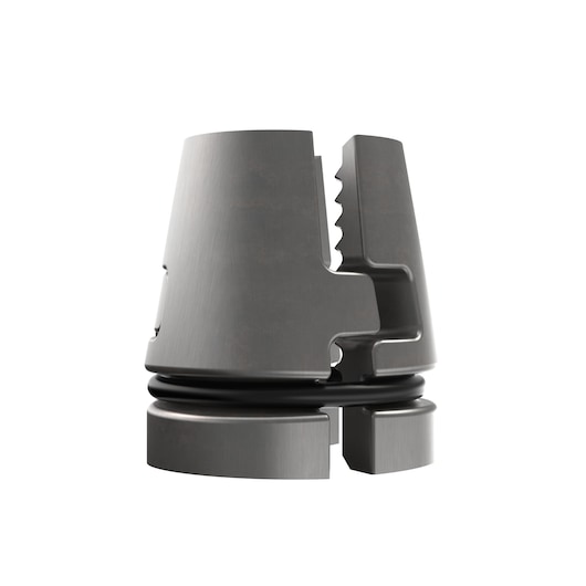 A close-up image of a DEWALT metal component, featuring a cylindrical shape with a grooved section and an O-ring, against a white background.