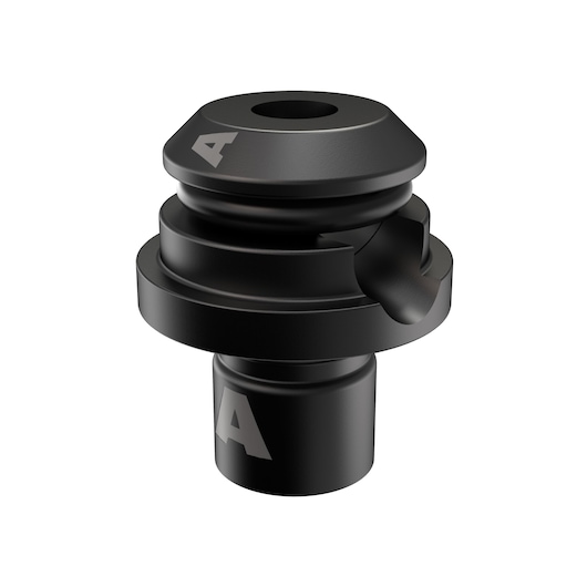 A black metal camera accessory with a cylindrical base and a rounded top, featuring grooves and the letter 'A' printed on its surface.