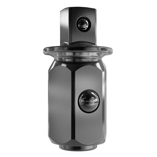 Metal adapter with hexagonal base and round release button, used for connecting tools or sockets.
