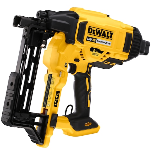 DEWALT cordless 18V XR brushless fencing stapler, yellow and black, model DCFS950N.