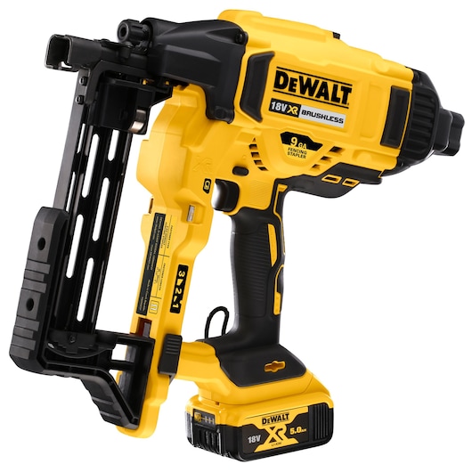 A DEWALT 18V XR Brushless fencing stapler with a yellow and black design. The tool features a battery pack and ergonomic grip, and is used for fastening fencing staples.