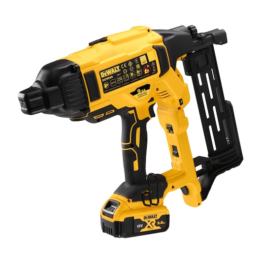 DEWALT cordless yellow and black photography tool with model number DCFS950P2, featuring an ergonomic handle and battery pack.
