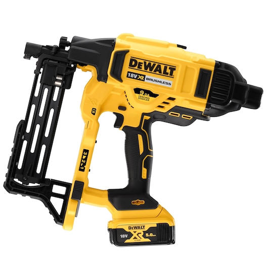 A close-up view of a DEWALT 18V XR brushless fencing stapler with an attached battery pack, featuring yellow and black colors and marked with 9GA fencing stapler and 5.0Ah Li-ion battery.