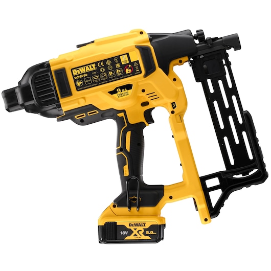 A DEWALT DCFS950P2 18V XR cordless fencing stapler with a yellow and black design, showing its battery pack and staple magazine.