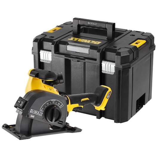 DEWALT cordless wall chaser tool placed in front of a sturdy black DEWALT storage case.