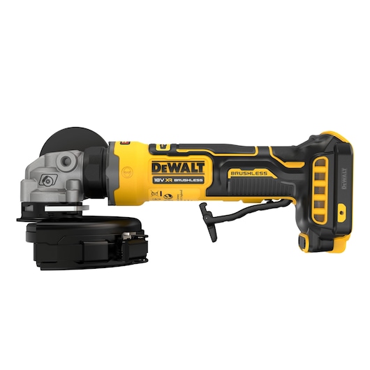 DEWALT 18V XR brushless cordless angle grinder with black and yellow body, side profile view.