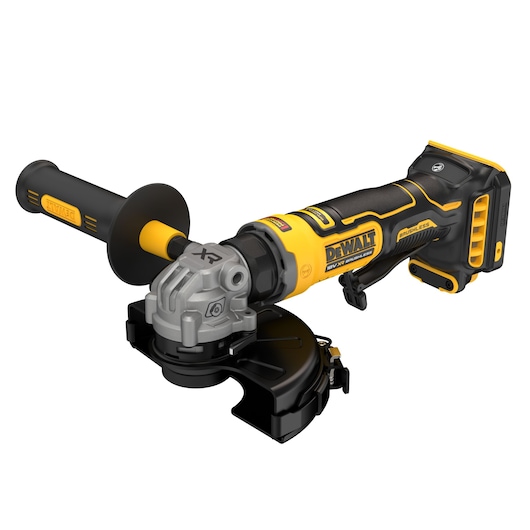 DEWALT cordless angle grinder with black and yellow handle, brushless motor, and protective guard.