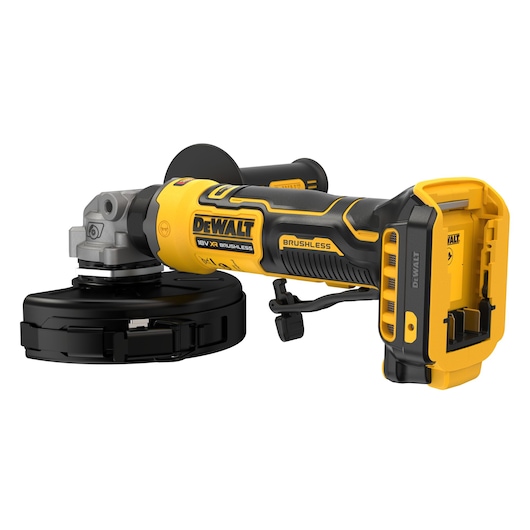 DEWALT DCG404N cordless brushless angle grinder with a side handle and protective guard.