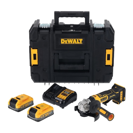 DEWALT DCG404S2T-QW, DCG404S2T kit: grinder, charger, 2 batteries, and case. Photography category. EMEAANZ region.