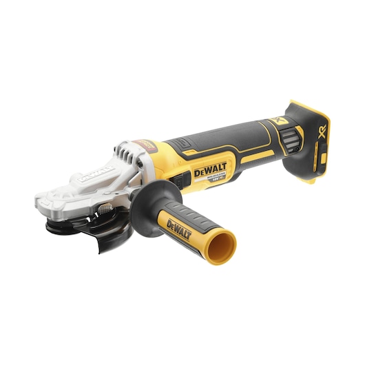 A DEWALT cordless angle grinder with a yellow and black design, featuring a side handle and a brushless motor.