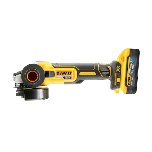 DeWalt cordless angle grinder DCG405H2T with Power Stack battery, yellow and black design, side view.