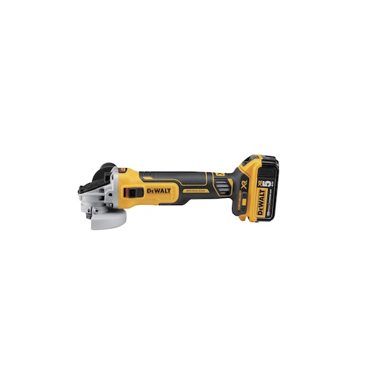 Yellow DEWALT cordless angle grinder with black handle and guard, shown upright with battery attached.