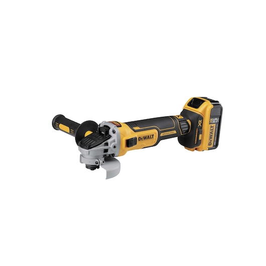 DEWALT cordless angle grinder, yellow and black, with side handle and protective guard.