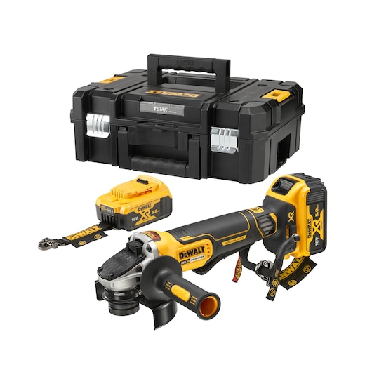 DEWALT cordless angle grinder set with battery and black tool case, model DCG406P2LRT, shown on white.