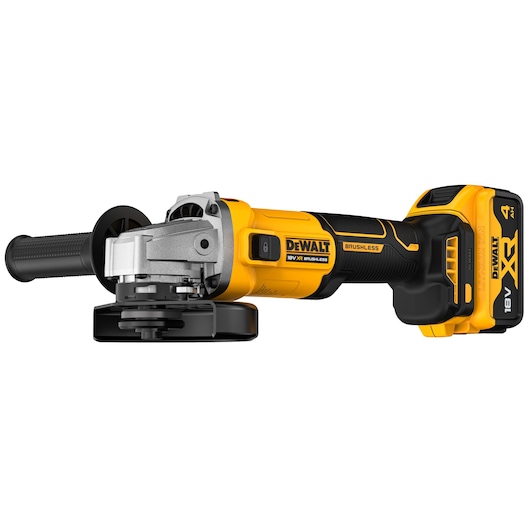 A DEWALT 18V cordless brushless angle grinder, model DCG407M2T, featuring a yellow and black design with a side handle and battery attached.