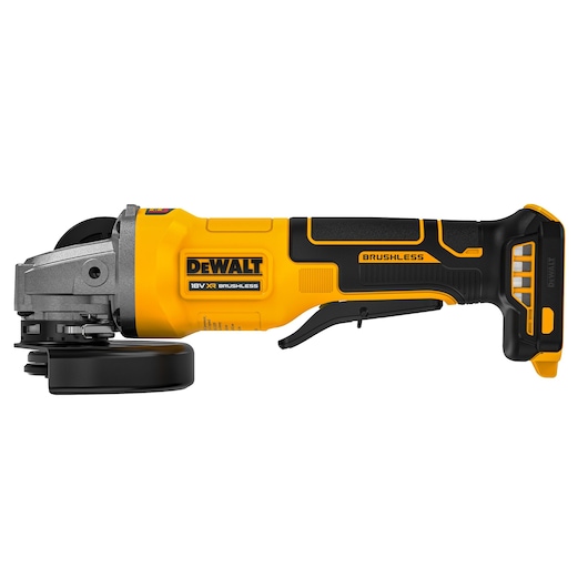 Yellow and black DEWALT cordless angle grinder with brushless motor, shown from the side on a white background.