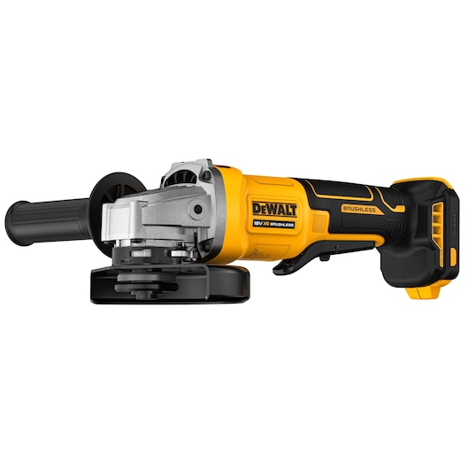 DEWALT cordless angle grinder with yellow and black design. Side handle and brushless motor visible.
