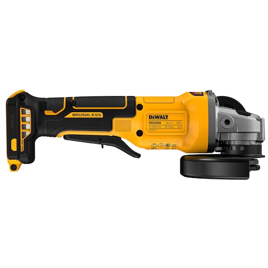 DEWALT DCG408N cordless brushless angle grinder, yellow and black, side view, with protective guard.