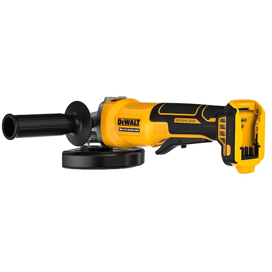 Yellow DEWALT cordless angle grinder with side handle and brushless motor, battery not included.