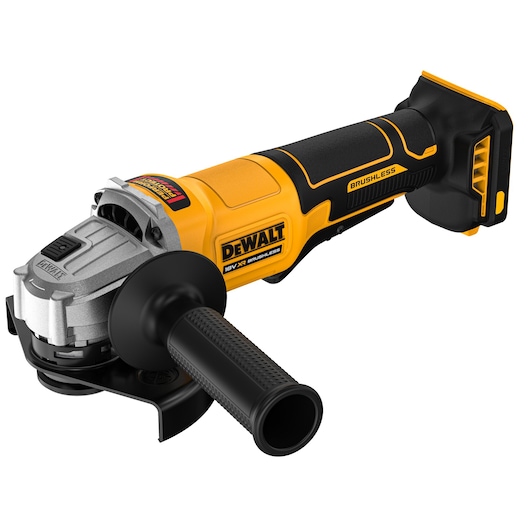 Cordless DEWALT angle grinder with brushless motor, yellow and black, side handle attached.