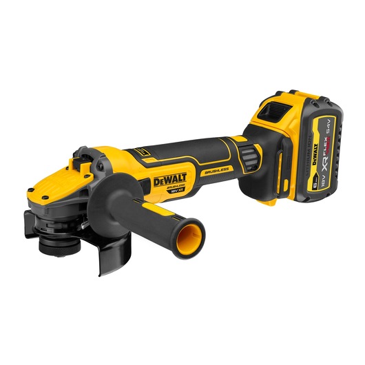 DEWALT cordless angle grinder with black and yellow design, brushless motor, and removable battery.