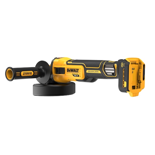A DEWALT cordless angle grinder with a yellow and black design, featuring a brushless motor, side handle, and battery compartment at the rear.