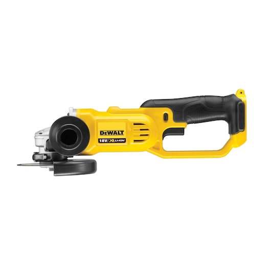 Yellow DEWALT 18V cordless angle grinder with black handle and guard, shown from the side.