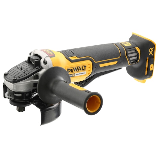 DEWALT cordless angle grinder, black and yellow, side handle, brushless, for power tool use.