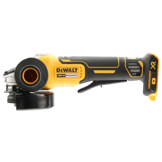 DEWALT 18V XR brushless cordless angle grinder, yellow and black, shown from the side.