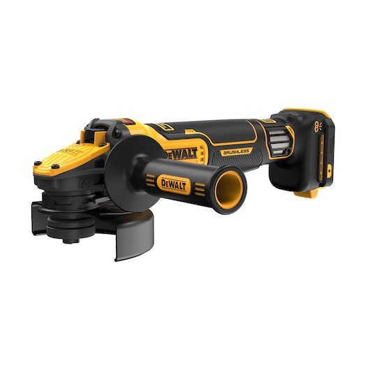 DEWALT cordless angle grinder with brushless motor, black and yellow, shown on a white background.