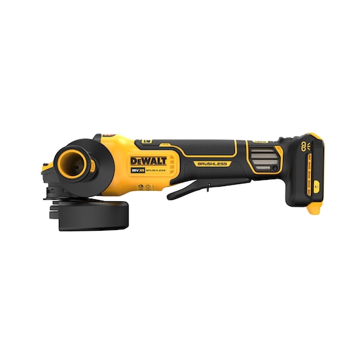 DEWALT cordless brushless angle grinder with black and yellow design, side profile view.
