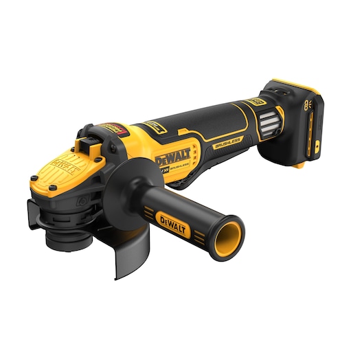 Cordless DEWALT grinder with side handle, yellow and black design, brushless, battery attached.