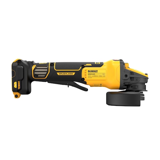 DEWALT cordless brushless angle grinder with yellow and black body, shown in a side view.