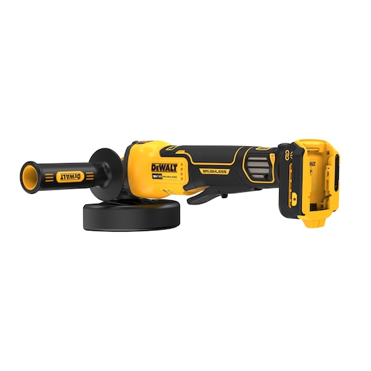 DEWALT cordless angle grinder with side handle, black and yellow, battery not attached.