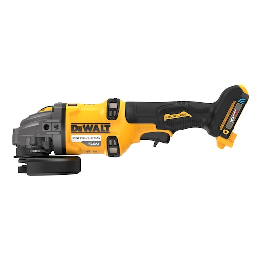 DEWALT 54V cordless brushless angle grinder with black and yellow design, side view on white background.
