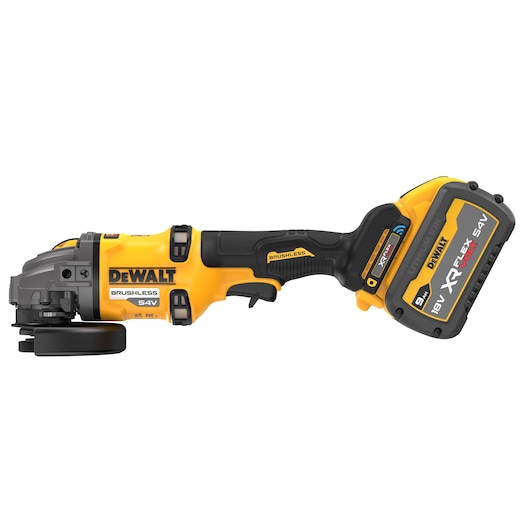 DEWALT cordless angle grinder with brushless motor and 54V XR FLEXVOLT battery, shown from the side.