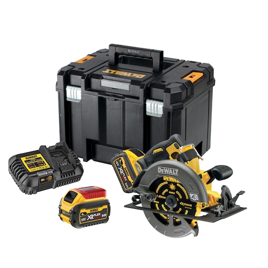 DEWALT cordless circular saw kit with charger, batteries, and black storage case.