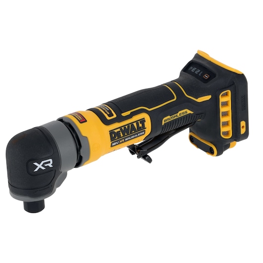 DEWALT DCG421N-XJ 18V XR brushless cordless angle grinder tool with a black and yellow body, shown without battery.