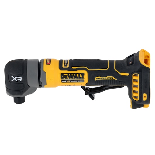 A DEWALT 18V XR Brushless cordless right angle die grinder, model DCG421N-XJ, with a yellow and black ergonomic design featuring a trigger and ventilation slots.