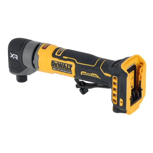 DEWALT 18V XR Brushless angle die grinder without battery, featuring a yellow and black design and a compact ergonomic body.