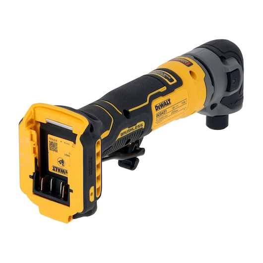 A DEWALT cordless brushless tool, model DCG421N-XJ, shown without battery attached. The tool has a yellow and black ergonomic body and is designed for professional use.