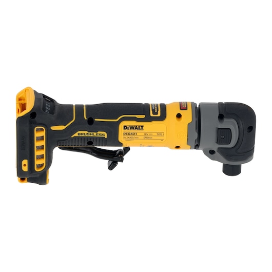 DEWALT DCG421N-XJ cordless brushless angle grinder, shown from the side. The device is yellow and black with its label visible, and features an ergonomic handle.