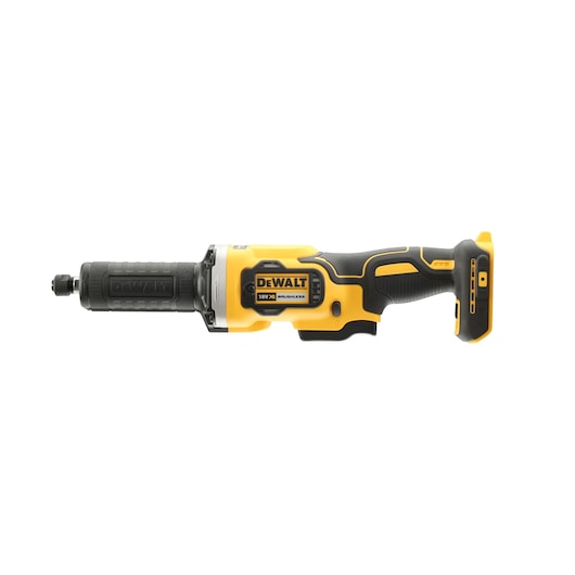 DEWALT DCG426N 18V XR cordless brushless die grinder in yellow and black, shown on a white background.