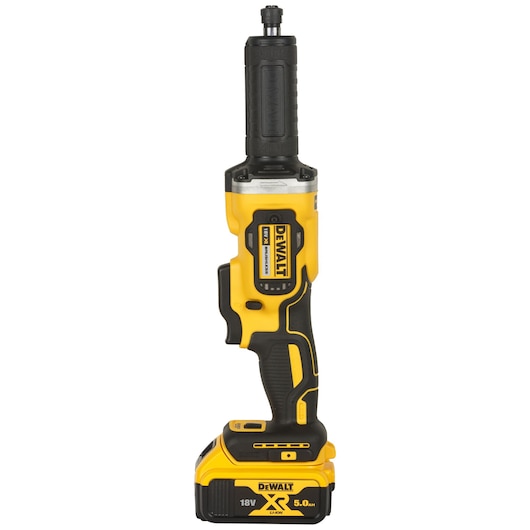 DEWALT cordless die grinder DCG426P2, yellow and black, 18V, with battery attached, upright on white background.
