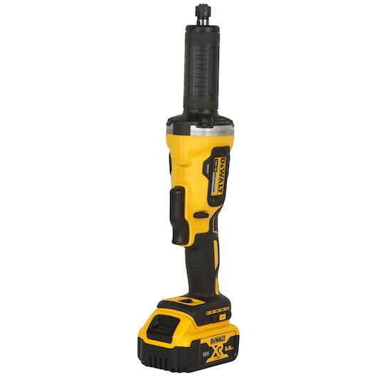 DEWALT cordless yellow and black die grinder tool with battery base shown upright against a white background.