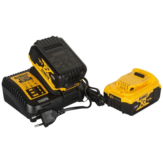 DEWALT battery charger and two yellow 18V XR rechargeable batteries with attached power cord.