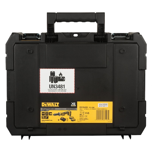 Black DEWALT carrying case with a handle, displaying a UN3481 lithium battery hazard label and yellow product information label for model DCG426P2, which includes images and specifications.